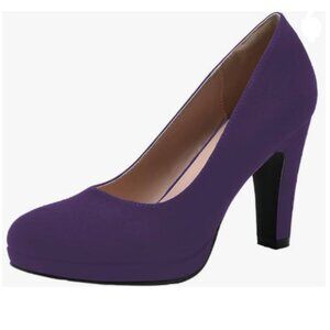 miss left Purple Low Platform Chunky High Heel Slip On Round Toe Pump Shoes